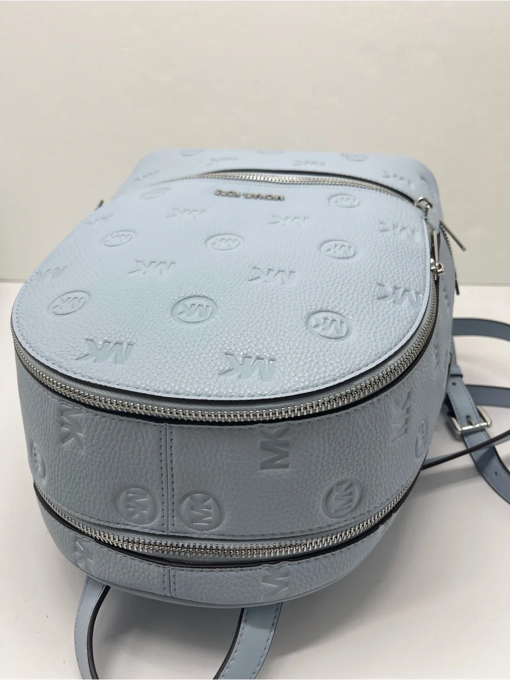 Michael Kors Rhea Medium Zip Logo Debossed Backpack Pale Ocean NWT